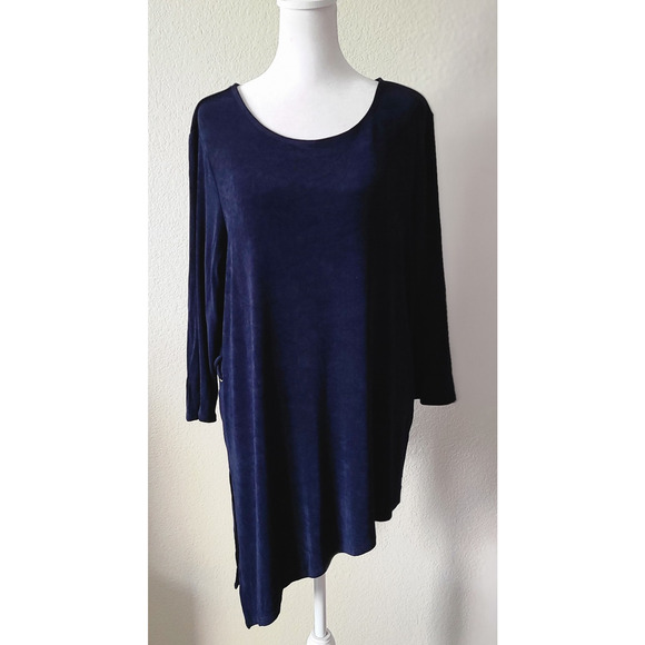Chicos Travelers Womens Asymmetrical Tunic‎ Top Sz 3 / XL  Blue Jersey Knit Gold - Picture 1 of 10